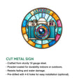 Camera photography metal sign shown with cut-metal sign features and installation information