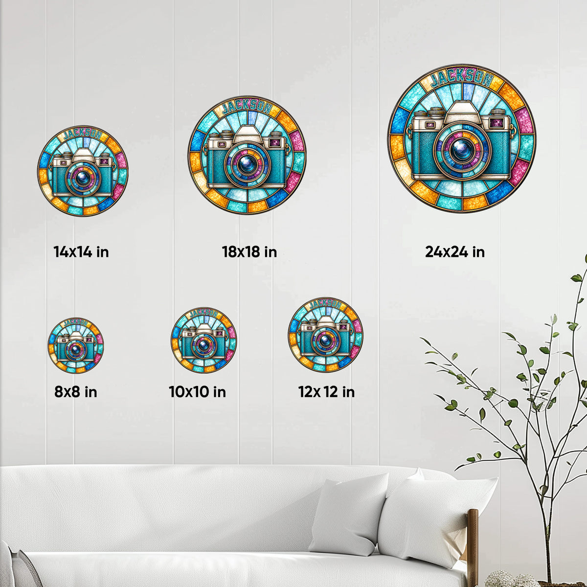 Camera metal sign size guide showing multiple circular sign size options in a bright room