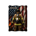Custom firefighter metal sign featuring a fireman in full gear against a distressed American flag