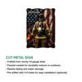 Firefighter metal sign feature graphic showing the cut-steel design and installation options