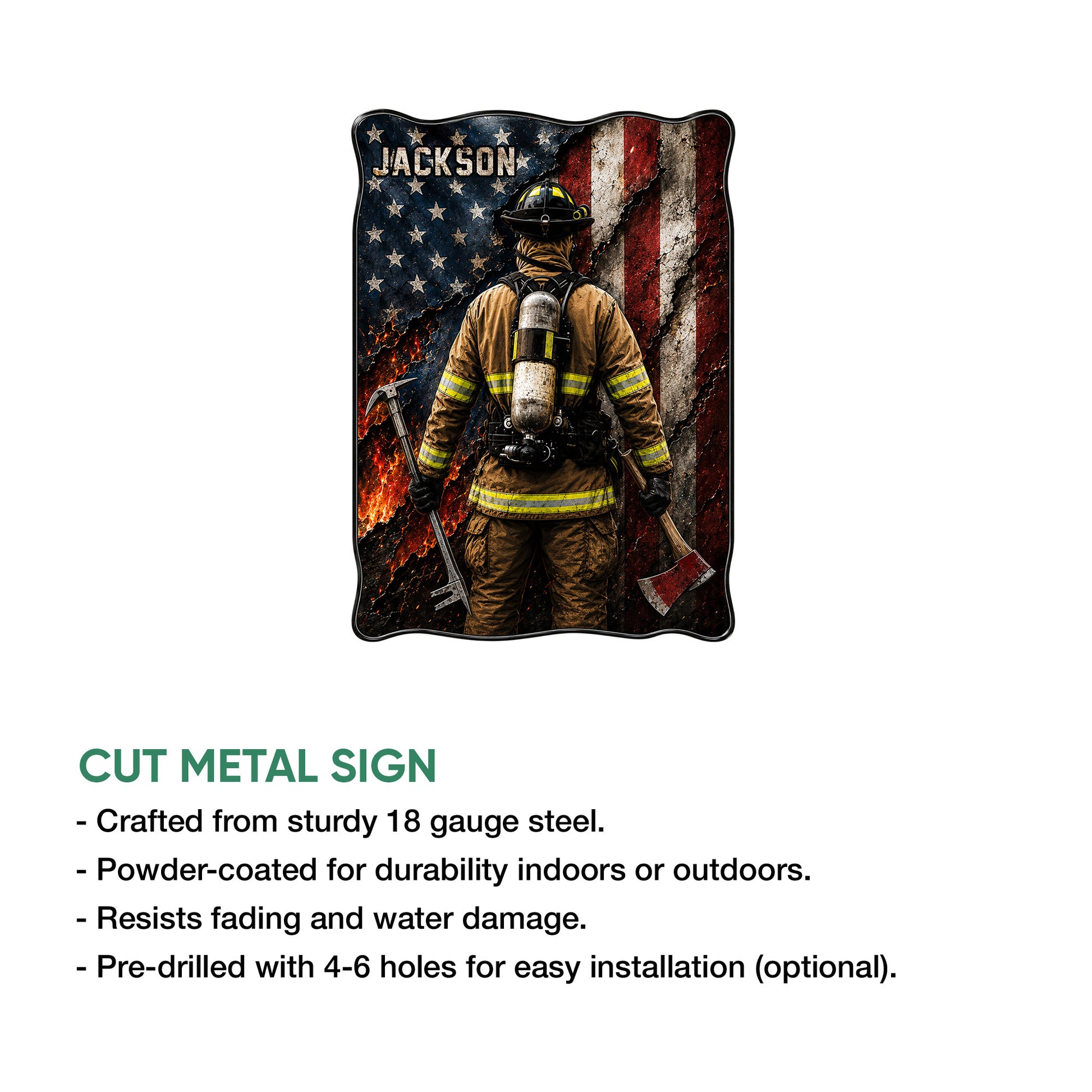 Firefighter metal sign feature graphic showing the cut-steel design and installation options