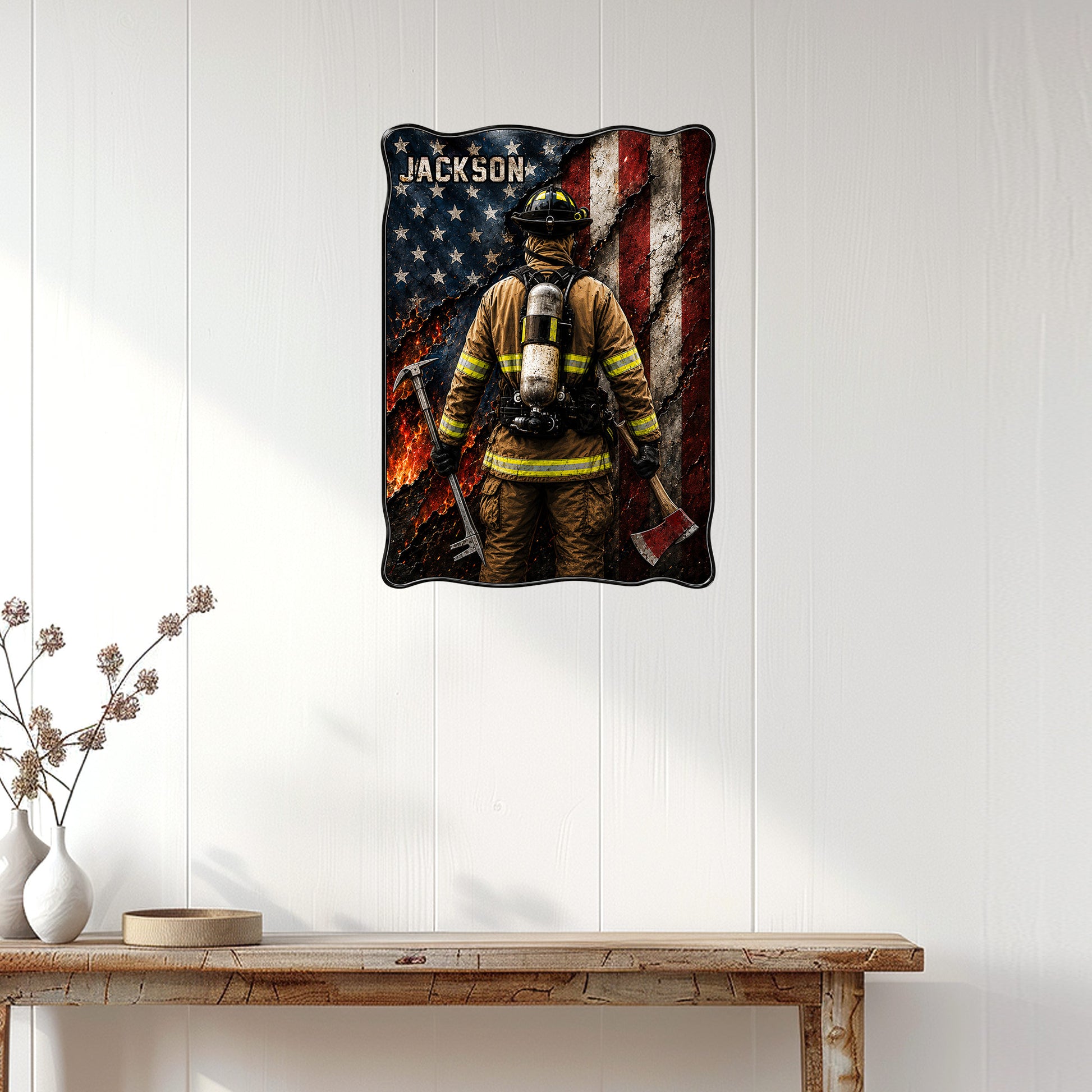 Firefighter wall sign displayed on white paneling above a rustic console table