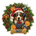 Custom Bernese Mountain Dog metal sign with a Santa hat, holiday gifts, holly, berries, and pinecones