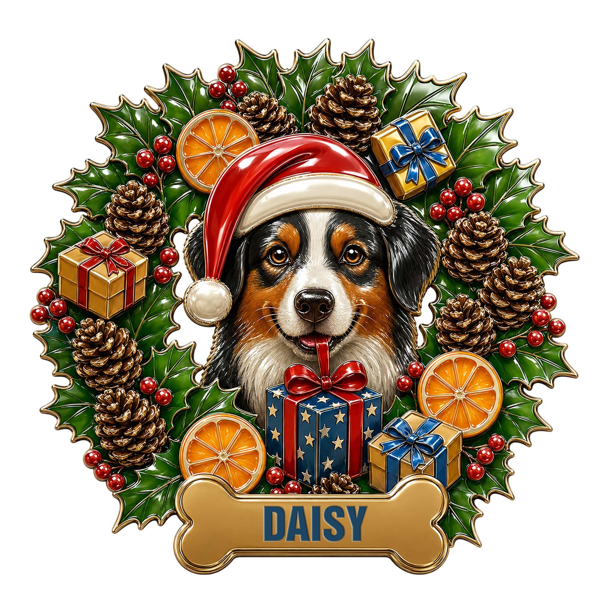 Custom Bernese Mountain Dog metal sign with a Santa hat, holiday gifts, holly, berries, and pinecones