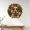Bernese Mountain Dog holiday sign displayed on a white paneled wall above a console table