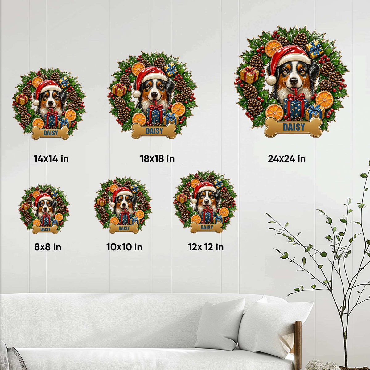 Bernese Mountain Dog Christmas sign shown in multiple size options on a bright living room wall