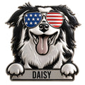 Border Collie metal sign featuring a cheerful black-and-white dog wearing American flag sunglasses