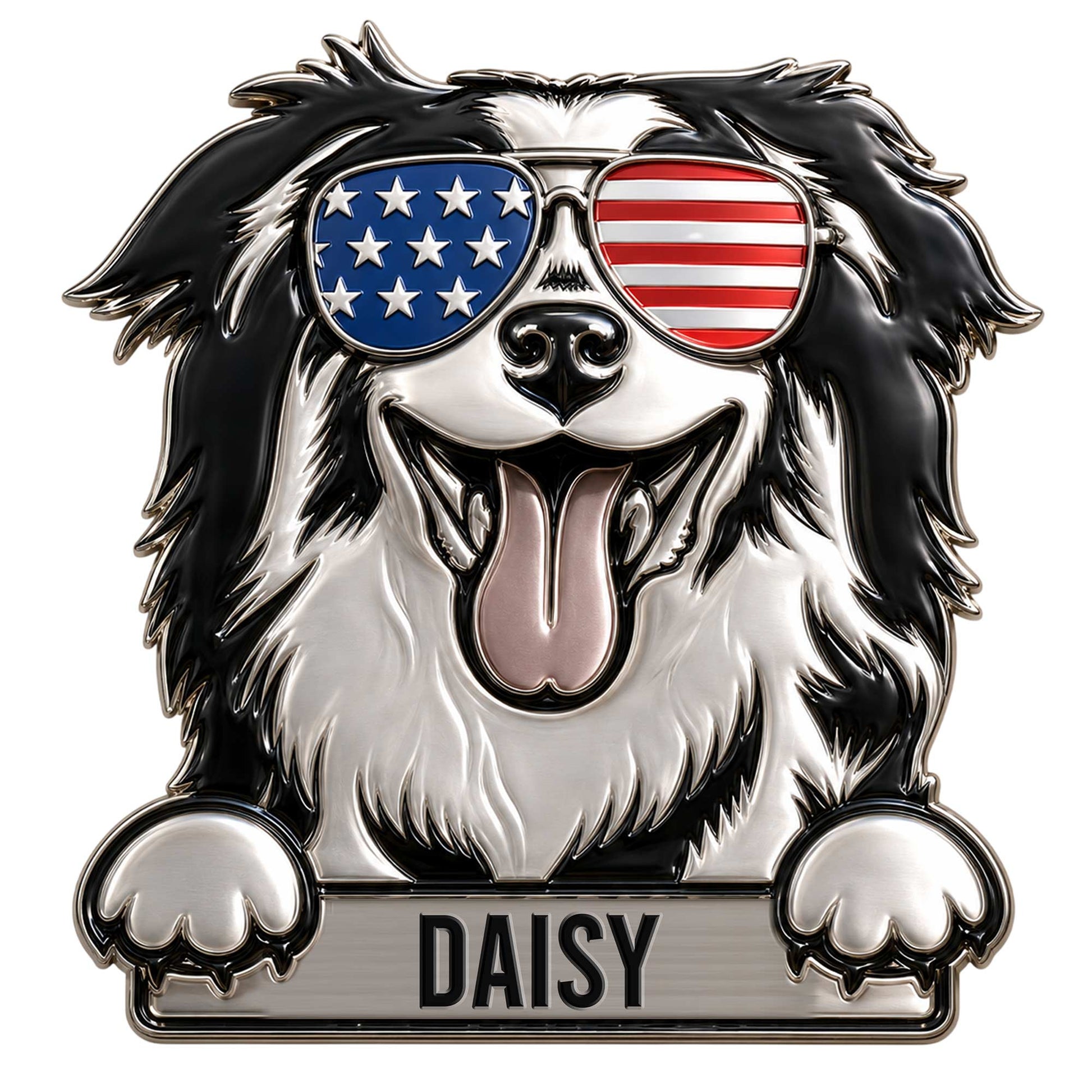 Border Collie metal sign featuring a cheerful black-and-white dog wearing American flag sunglasses