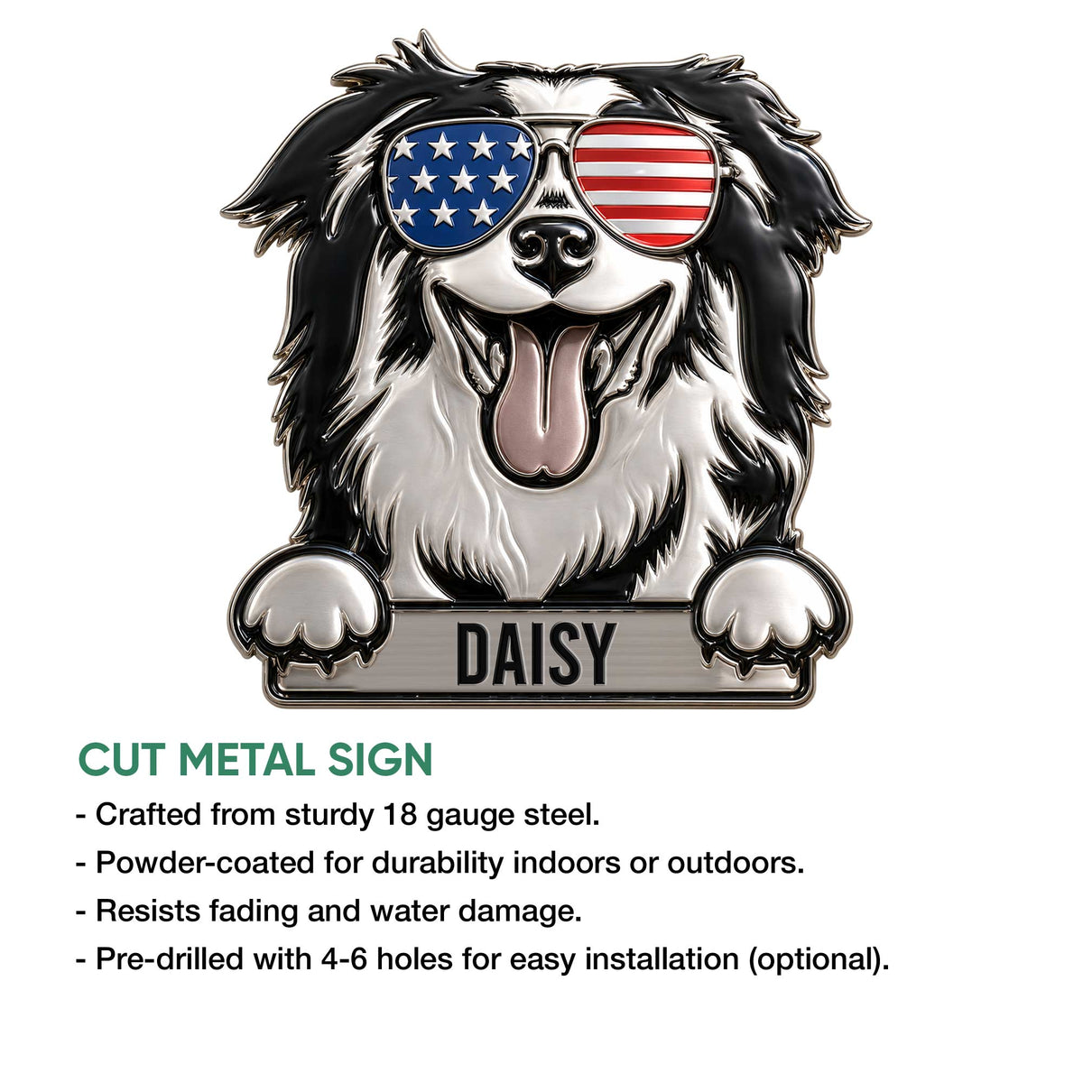 Border Collie cut metal sign shown with product feature details and a patriotic dog design