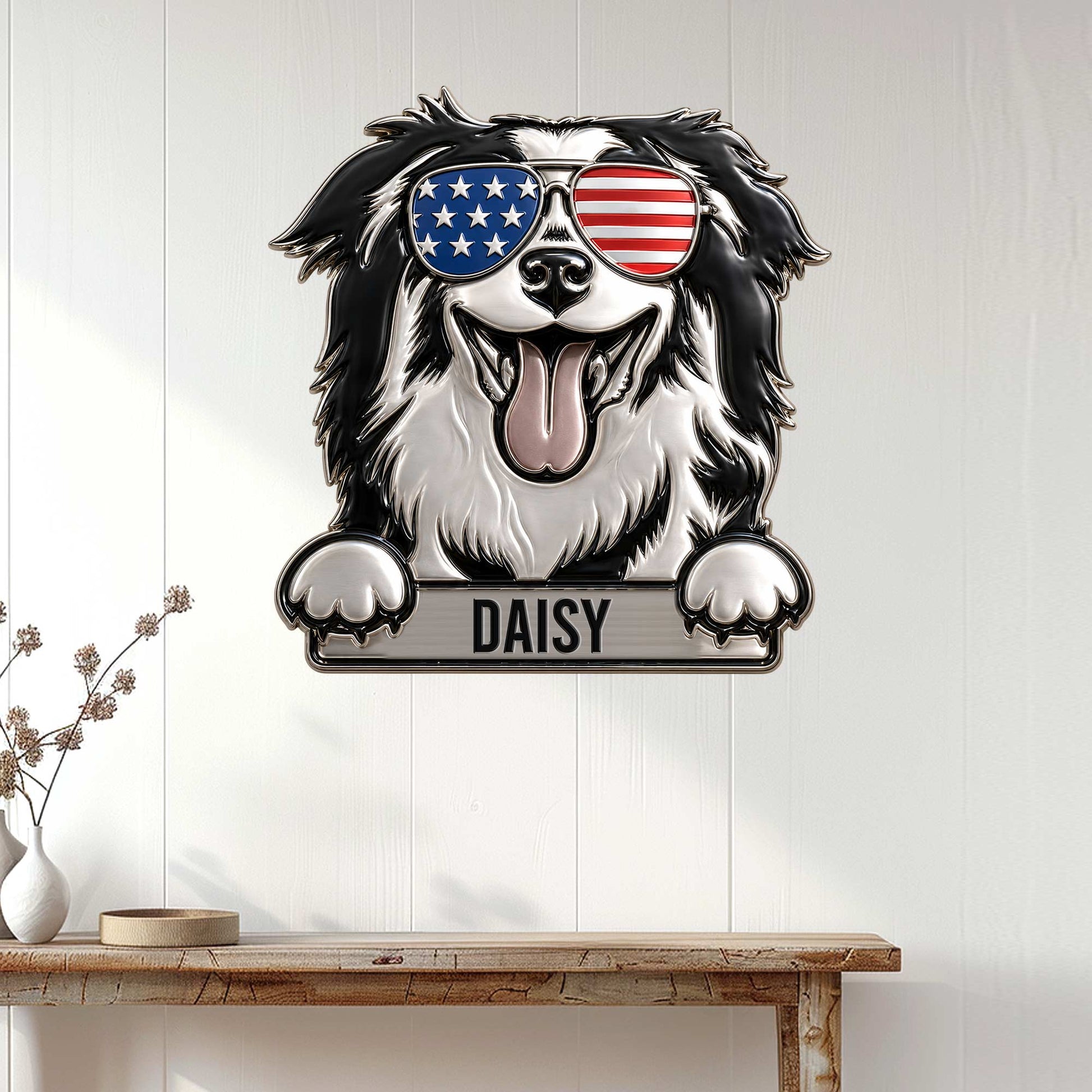 Border Collie wall sign displayed on a white paneled wall above a console table