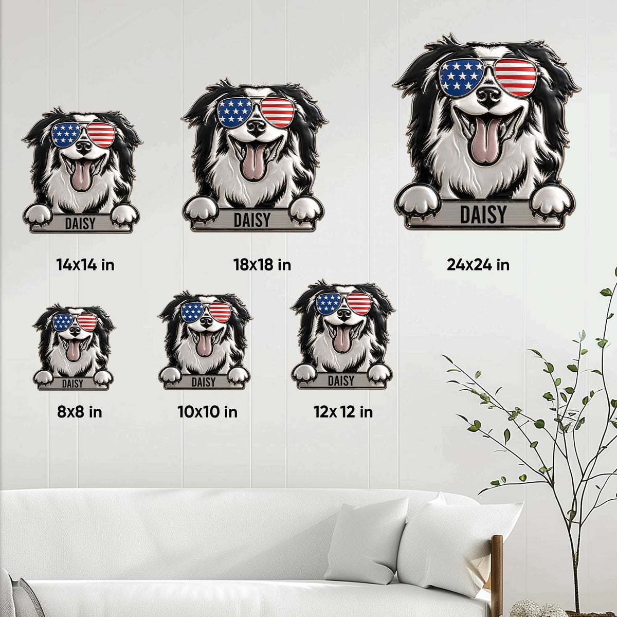 Border Collie metal sign size guide showing available square dimensions from 8 by 8 to 24 by 24 inches