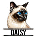 Detailed Siamese cat metal sign featuring a cream coat, dark face markings, and vivid blue eyes