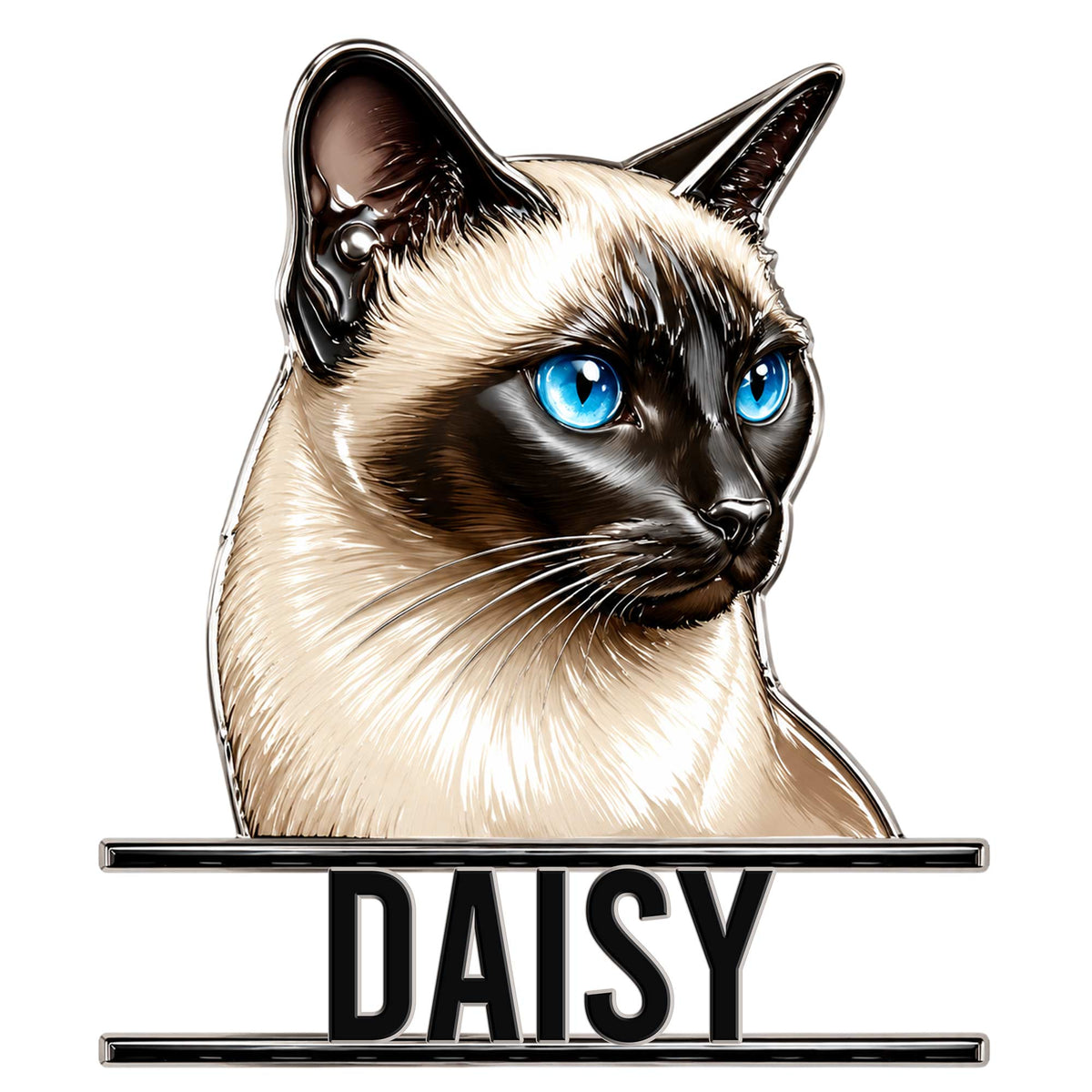Detailed Siamese cat metal sign featuring a cream coat, dark face markings, and vivid blue eyes