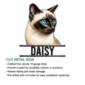 Siamese cat cut metal sign shown as a featured wall decor design with a striking blue-eyed portrait