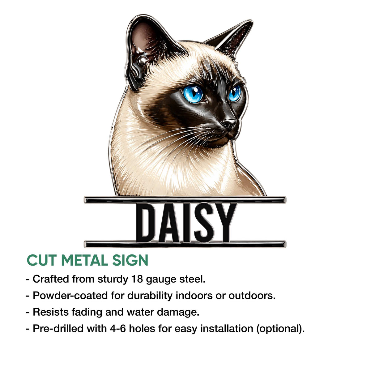 Siamese cat cut metal sign shown as a featured wall decor design with a striking blue-eyed portrait