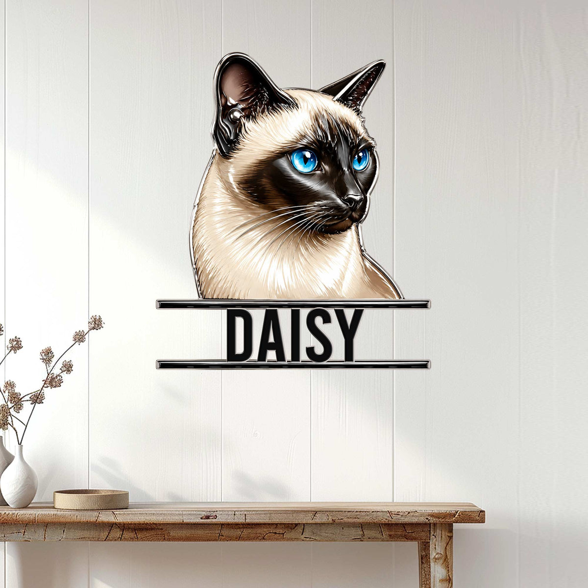 Siamese cat metal wall sign displayed on a light wood-paneled wall above a console table