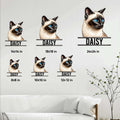 Siamese cat metal sign size guide showing multiple available square dimensions in a home setting