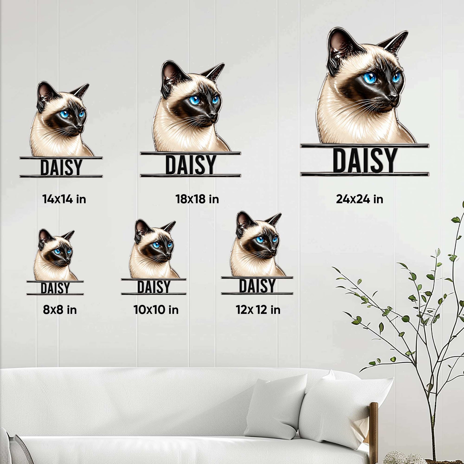 Siamese cat metal sign size guide showing multiple available square dimensions in a home setting