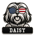Lhasa Apso metal sign featuring a shaggy dog wearing patriotic red, white, and blue sunglasses