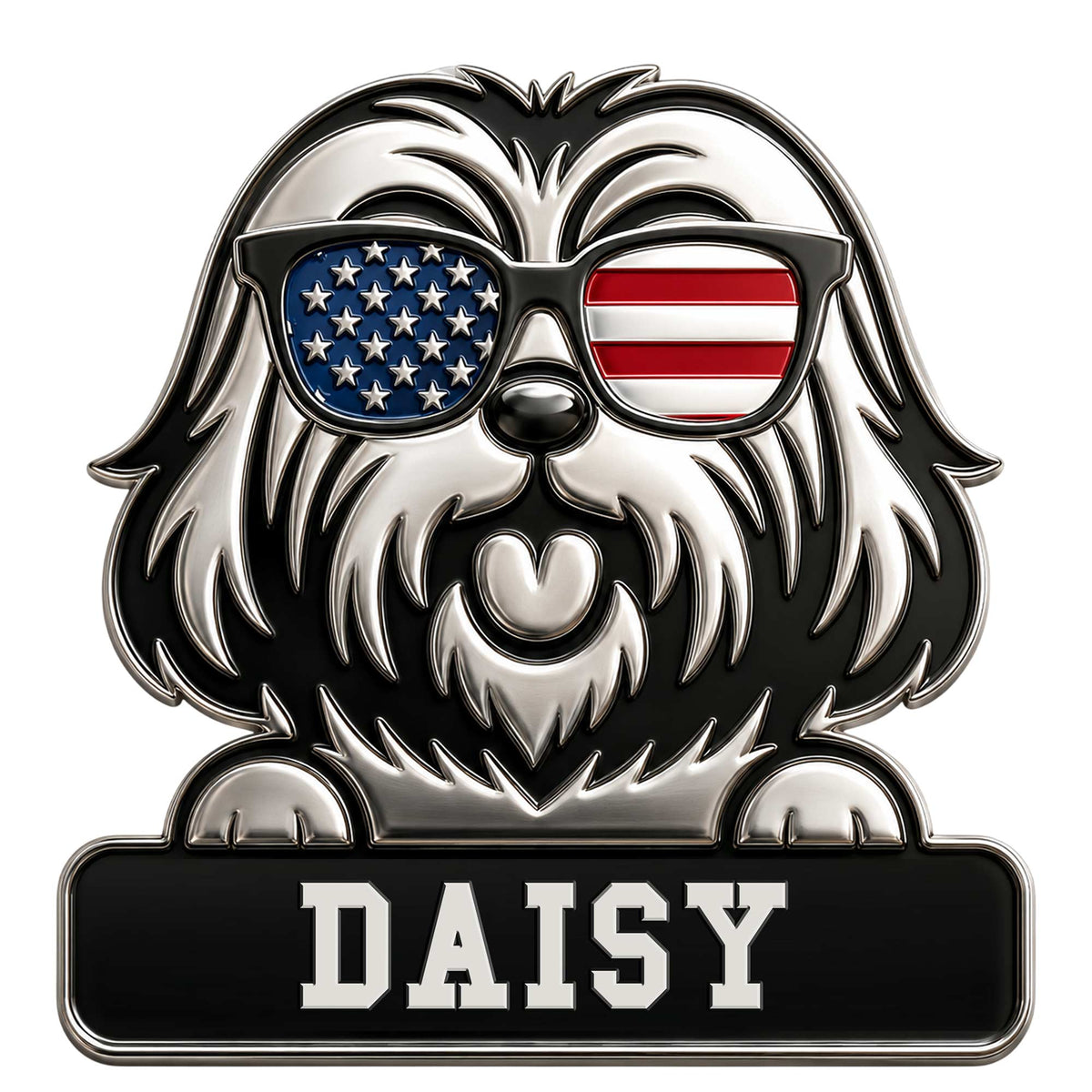 Lhasa Apso metal sign featuring a shaggy dog wearing patriotic red, white, and blue sunglasses