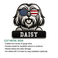 Lhasa Apso cut metal sign with a patriotic sunglasses design shown in a product feature graphic