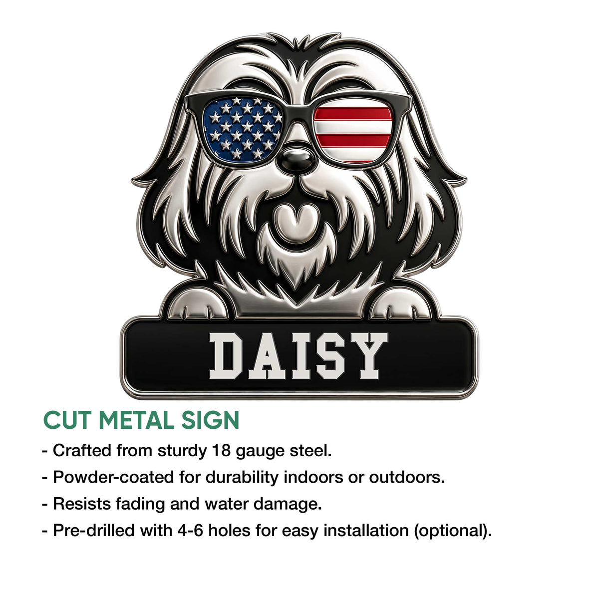 Lhasa Apso cut metal sign with a patriotic sunglasses design shown in a product feature graphic