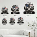 Lhasa Apso metal sign size guide comparing six available square dimensions in a living room setting