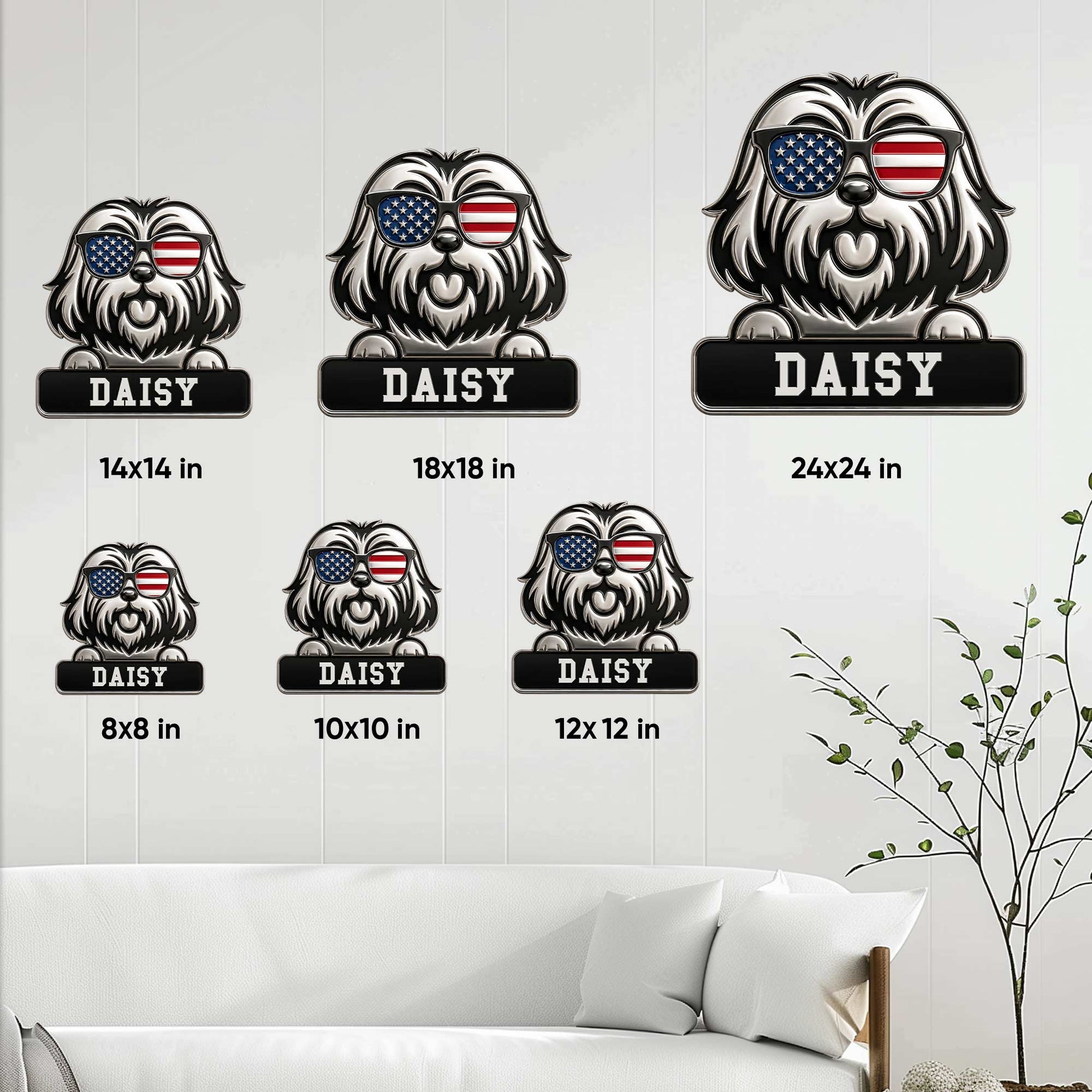 Lhasa Apso metal sign size guide comparing six available square dimensions in a living room setting