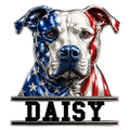 Patriotic pitbull metal sign featuring a bold blue, white, and red dog portrait with star details
