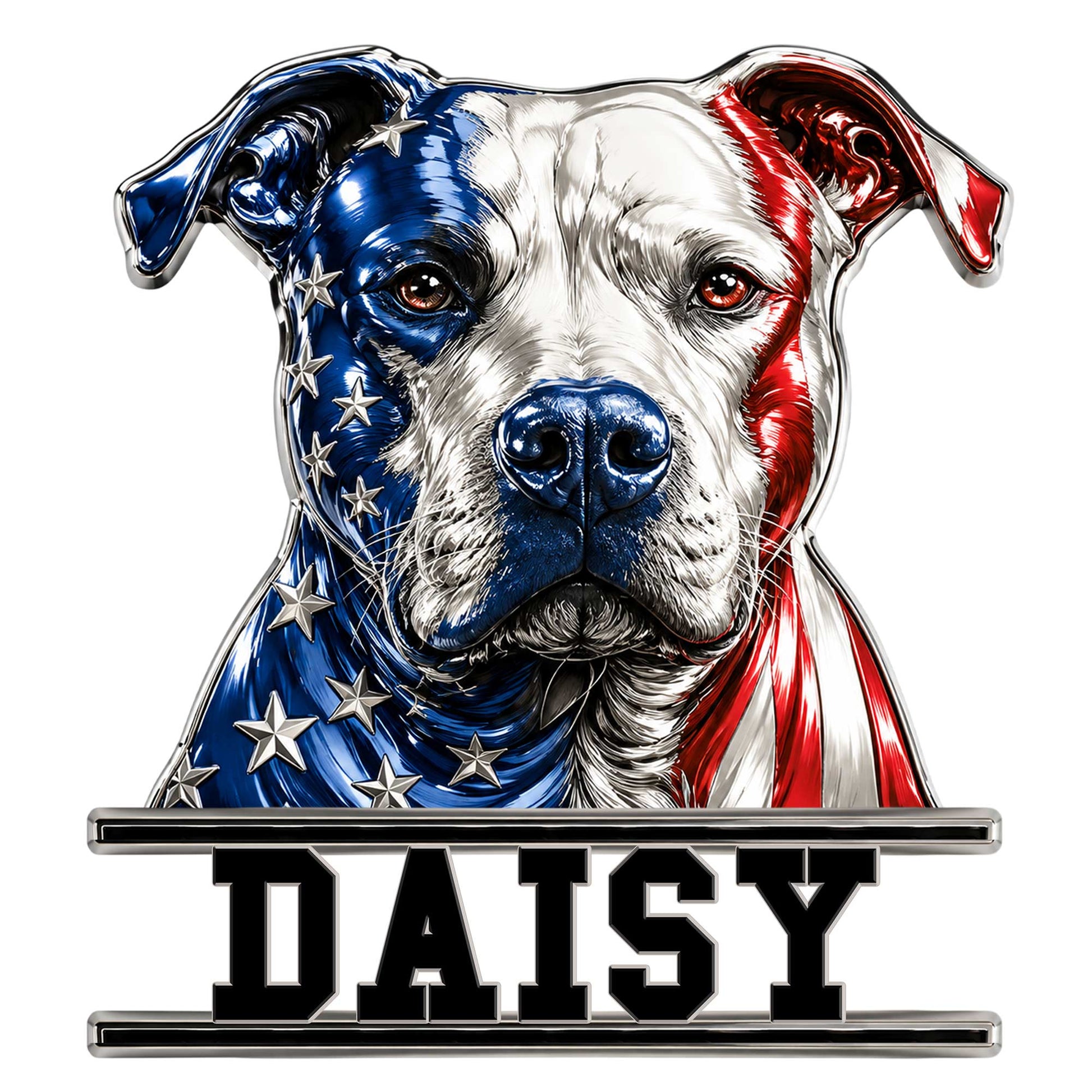 Patriotic pitbull metal sign featuring a bold blue, white, and red dog portrait with star details