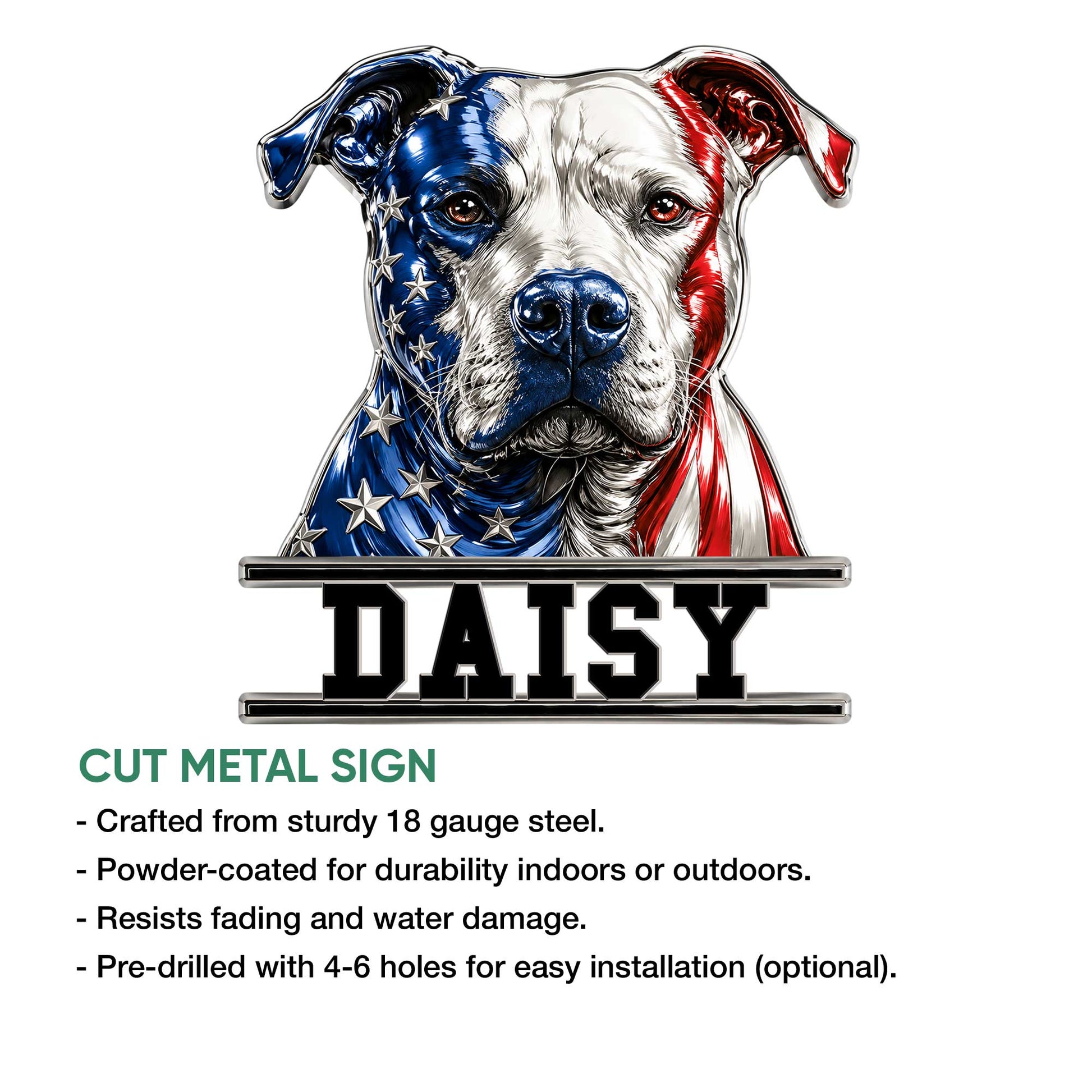 Patriotic pitbull cut metal sign shown in a product feature infographic with indoor and outdoor display notes
