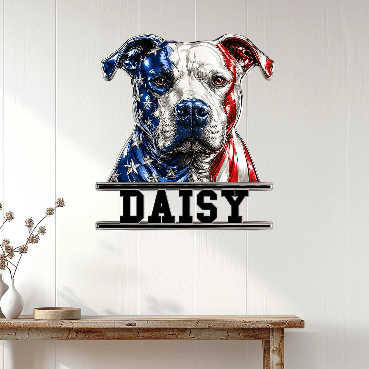 Patriotic pitbull metal wall sign displayed on a light wood-paneled wall above a console table