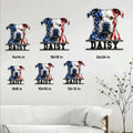 Patriotic pitbull metal sign size guide showing six available square size options in a living room setting