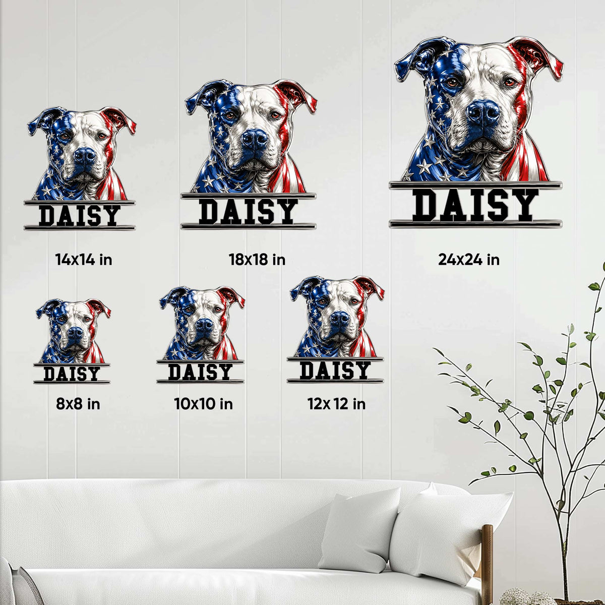 Patriotic pitbull metal sign size guide showing six available square size options in a living room setting