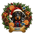 Christmas Dachshund metal sign featuring a Santa hat, holly wreath, gifts, pinecones, and a bone-shaped nameplate