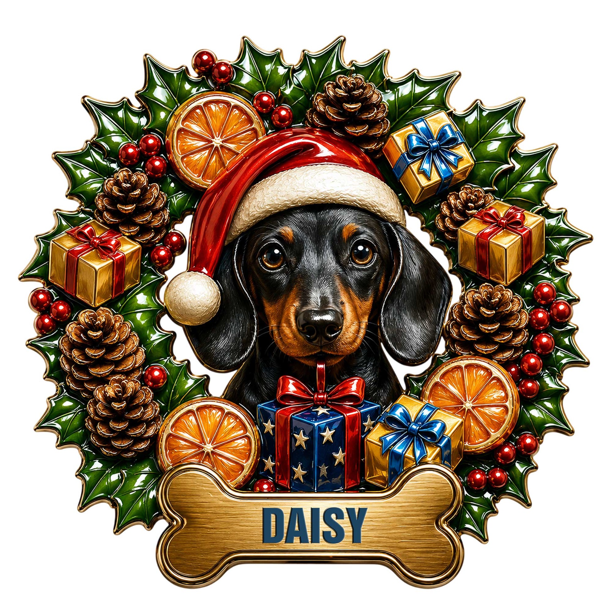 Christmas Dachshund metal sign featuring a Santa hat, holly wreath, gifts, pinecones, and a bone-shaped nameplate
