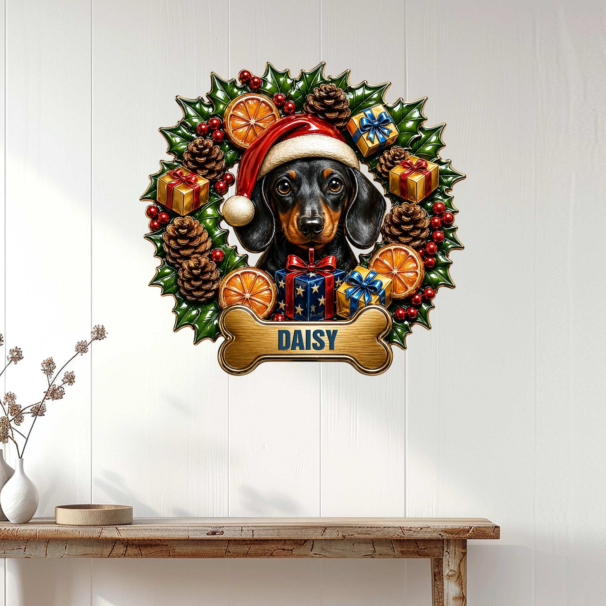 Christmas dachshund wall sign displayed on a white paneled wall above a console table