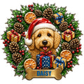 Festive Goldendoodle metal sign featuring a Santa hat, holiday gifts, holly, berries, and pinecones