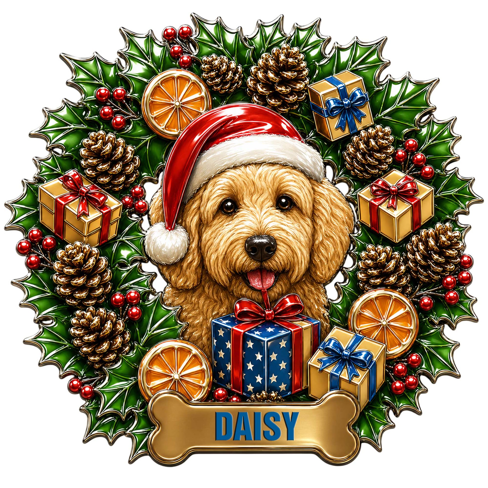 Festive Goldendoodle metal sign featuring a Santa hat, holiday gifts, holly, berries, and pinecones