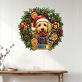 Goldendoodle holiday metal sign displayed on a white paneled wall above a console table