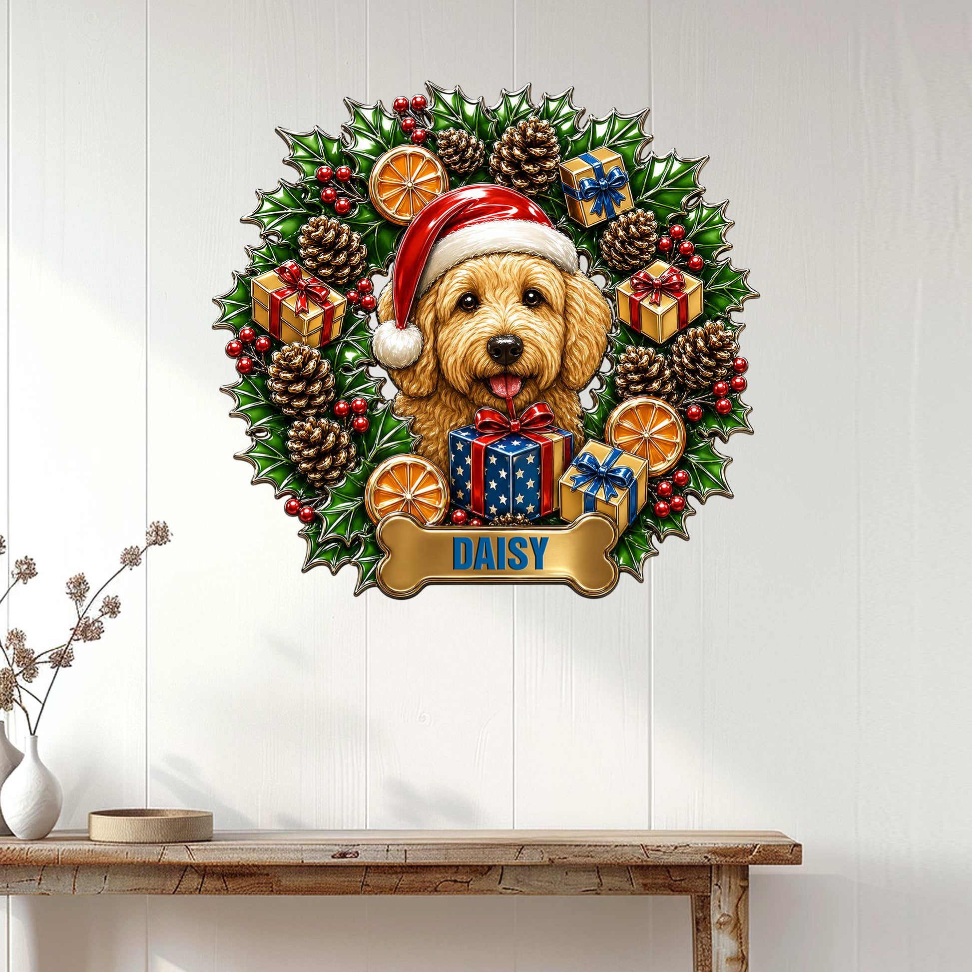Goldendoodle holiday metal sign displayed on a white paneled wall above a console table