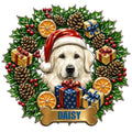 Custom Great Pyrenees metal sign featuring a Santa-hat dog surrounded by holly, gifts, pinecones, and oranges