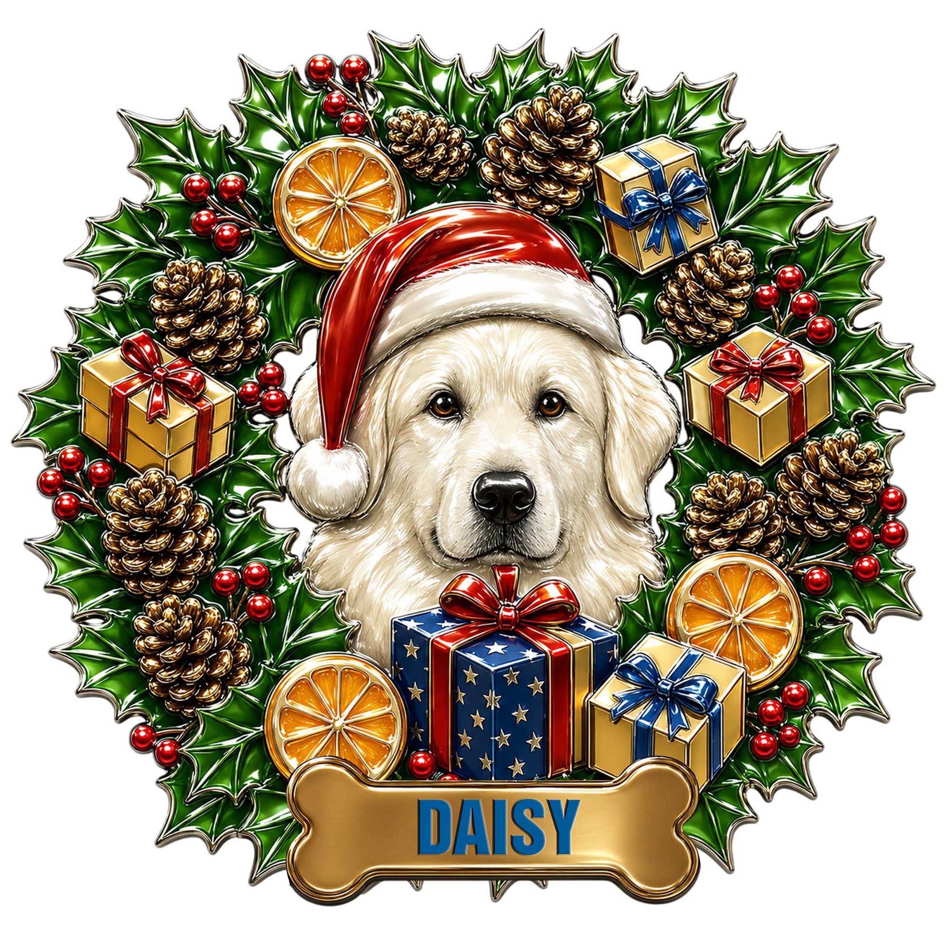 Custom Great Pyrenees metal sign featuring a Santa-hat dog surrounded by holly, gifts, pinecones, and oranges