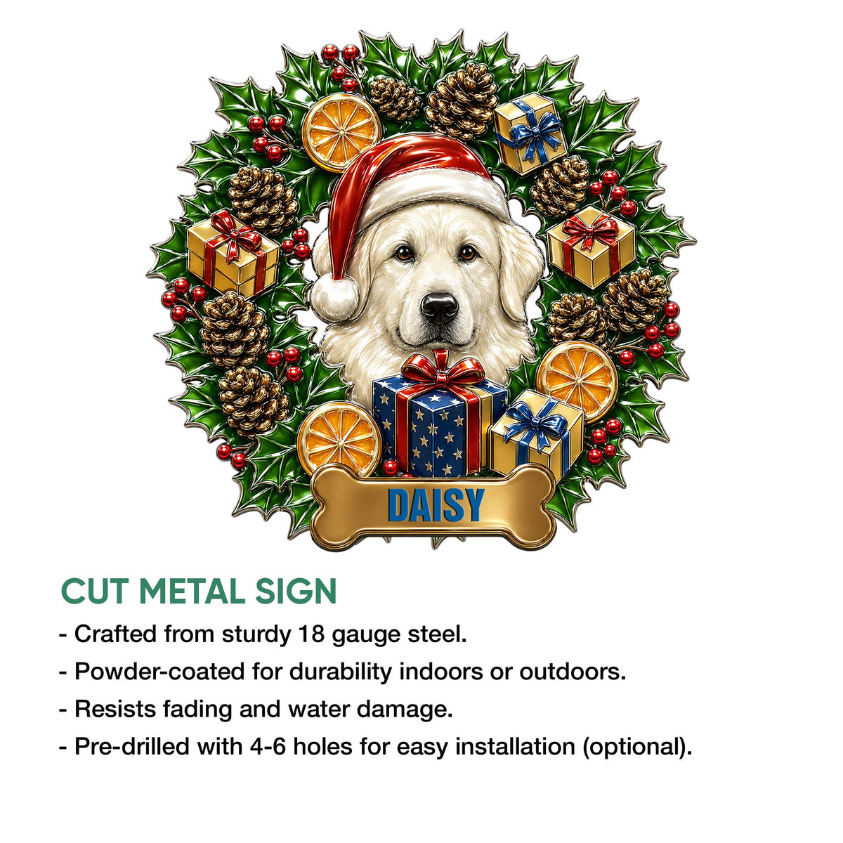 Great Pyrenees Christmas metal sign shown with cut-metal product features and detailed sign information