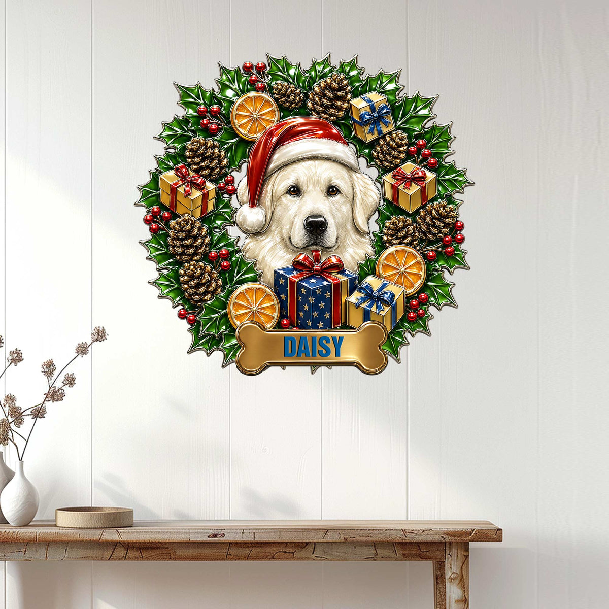 Great Pyrenees holiday wall sign displayed on a light paneled wall above a wooden console table