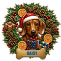 Christmas dachshund metal sign featuring a Santa hat, holly, gifts, pinecones, and citrus accents