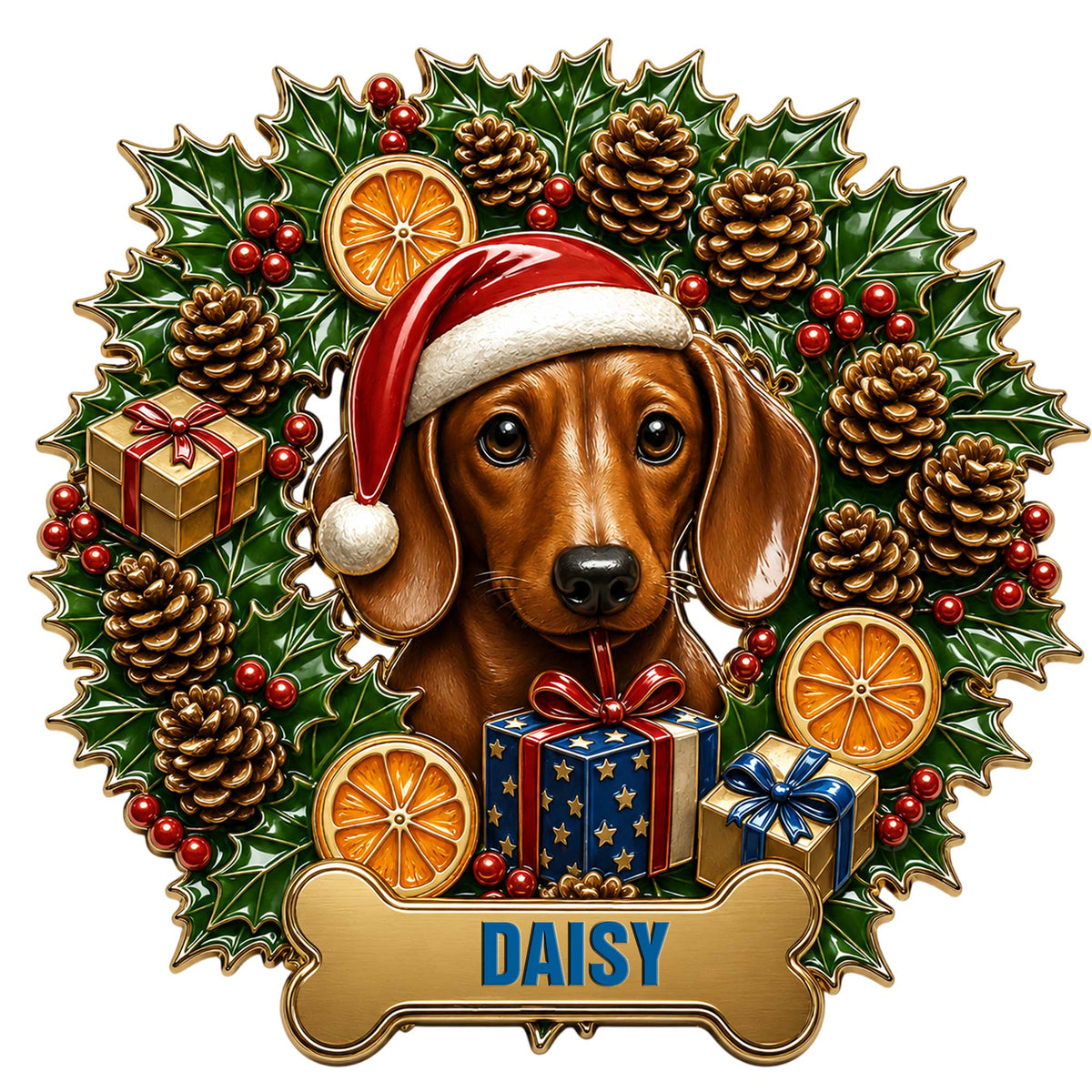 Christmas dachshund metal sign featuring a Santa hat, holly, gifts, pinecones, and citrus accents
