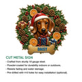 Cut metal Christmas sign with a dachshund surrounded by holly, pinecones, presents, and a bone shape