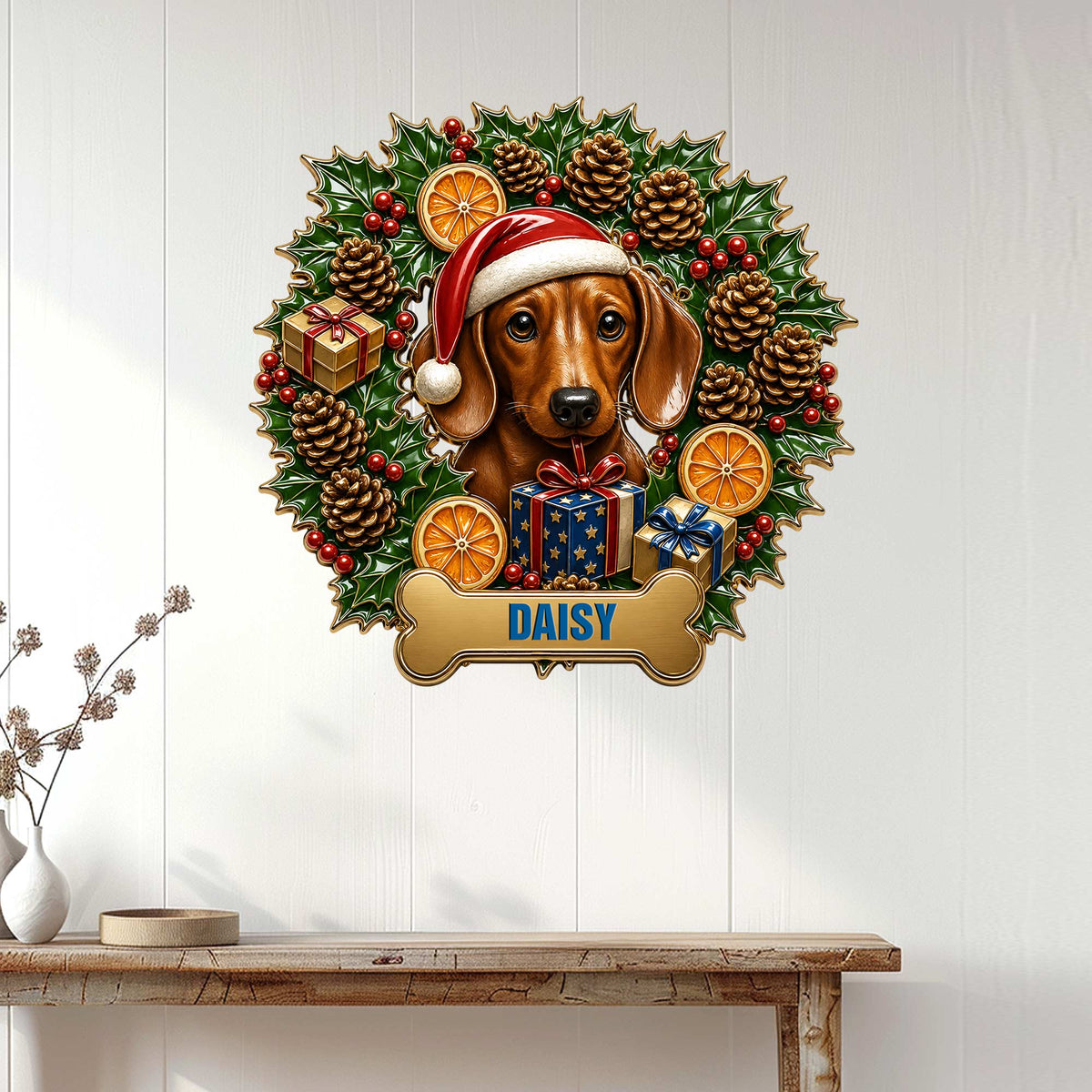 Christmas dachshund wall sign displayed on a light paneled wall above a console table