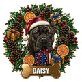 English Mastiff metal sign with Santa hat, holiday wreath, gifts, pinecones, and holly berries